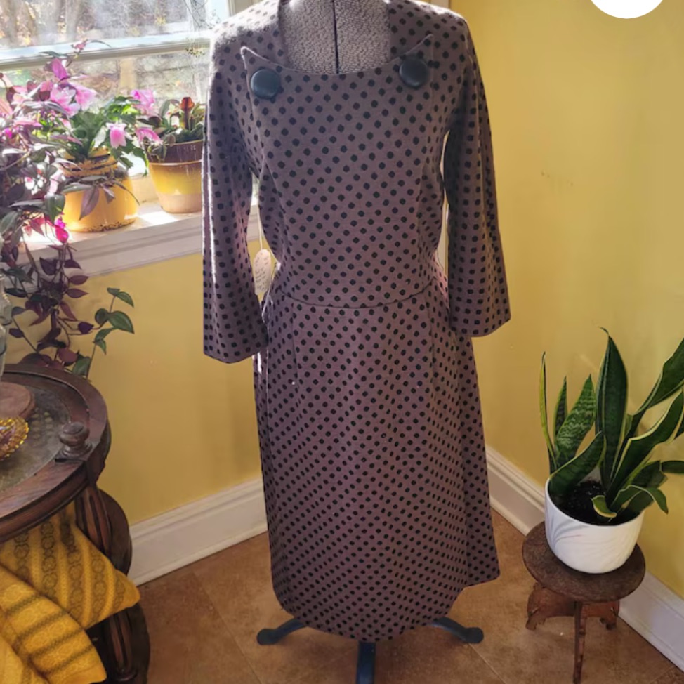 Brown Polka Dot Midi Dress With Long Sleeves